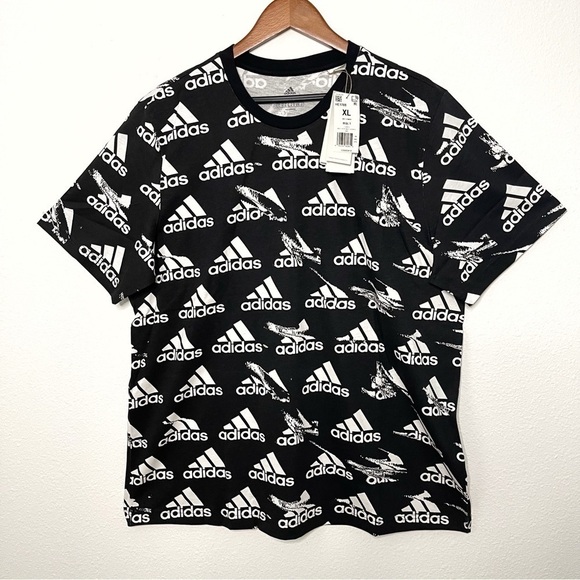 Adidas men Brand’s love all over logo printed Tshirt black white size XL NWT - Picture 2 of 10